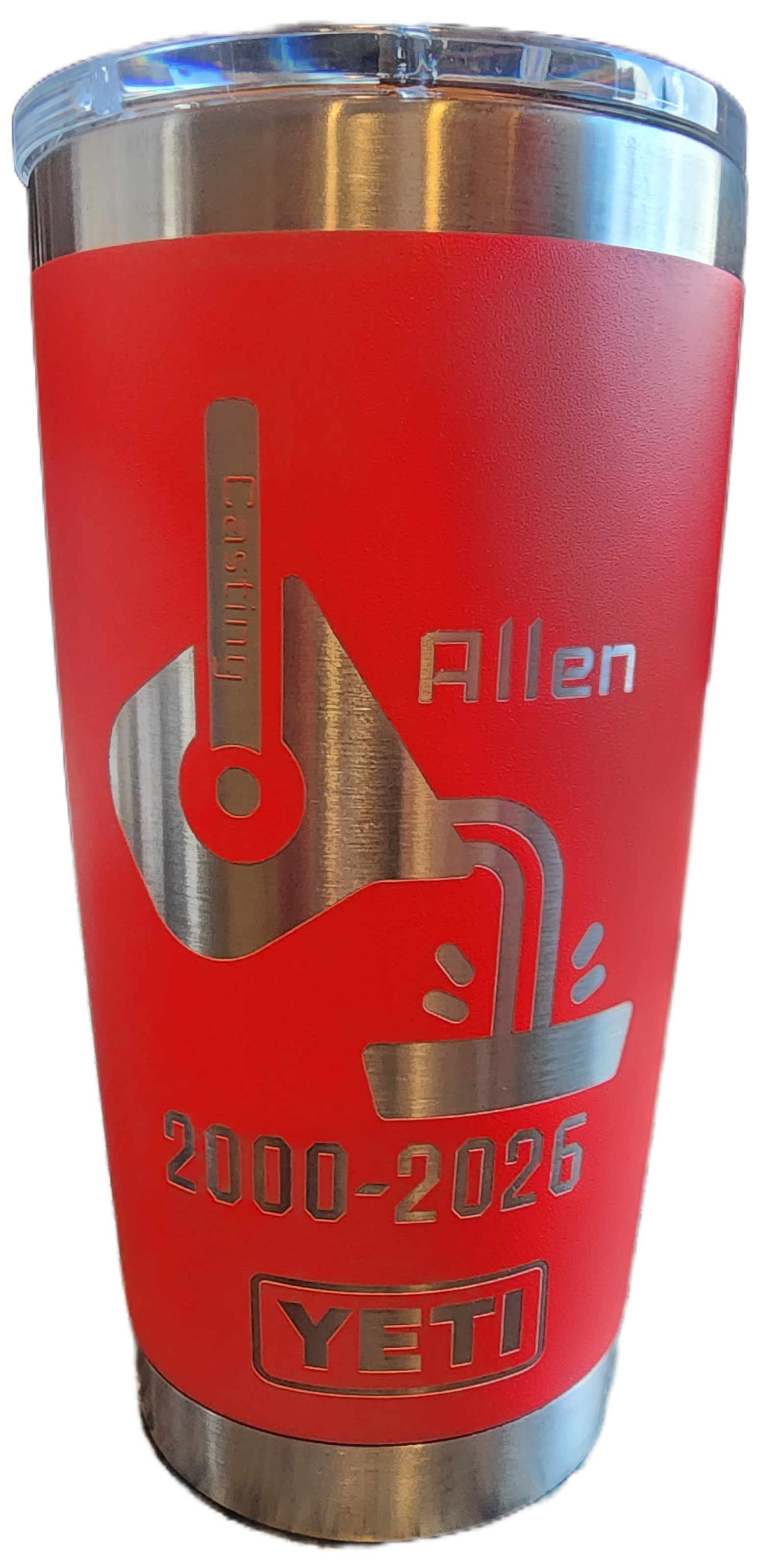 Red YETI tumbler with a silver thermometer and the name “Allen” engraved on it.