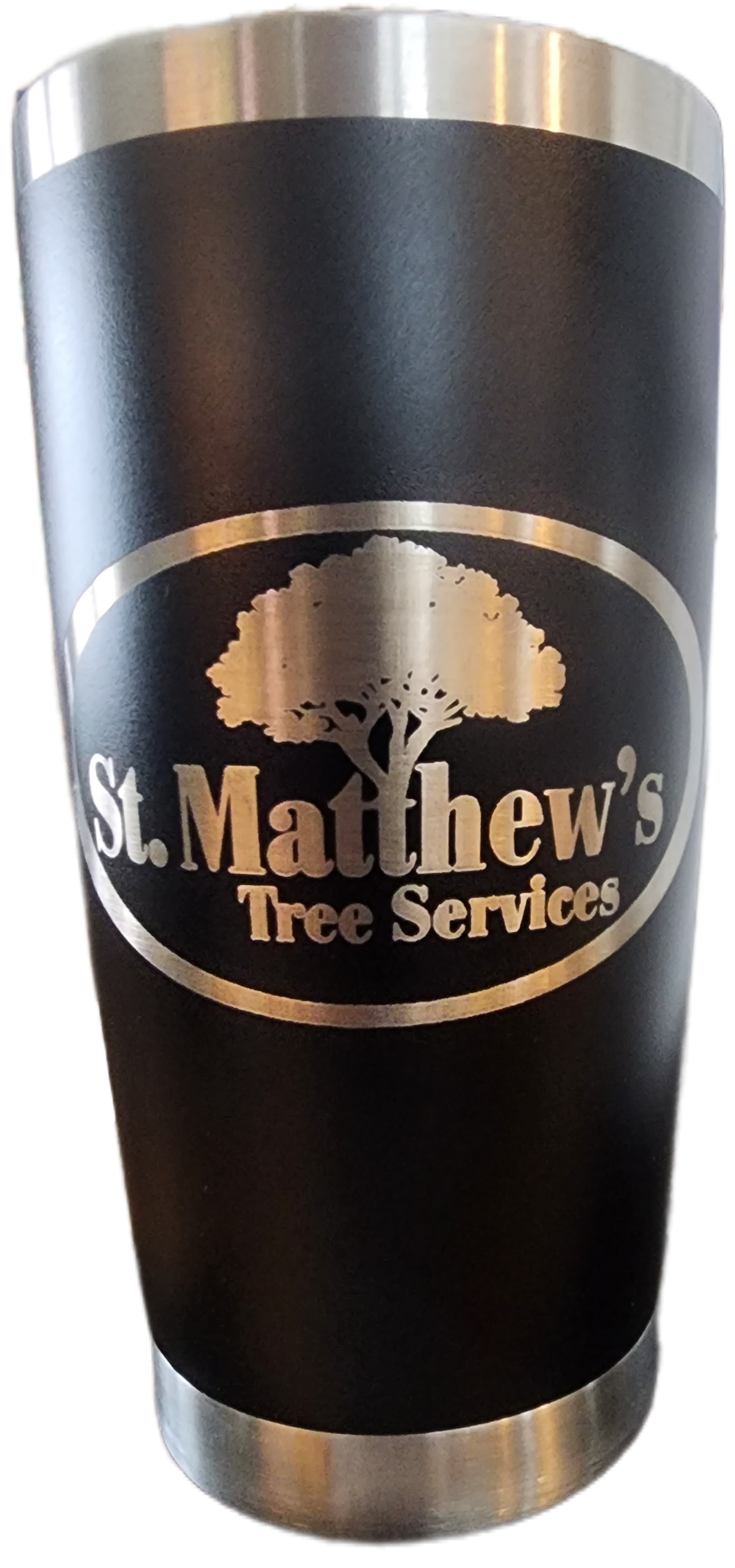 Black insulated tumbler with silver top and bottom, logo reading “St. Matthew’s Tree Service” and a tree graphic