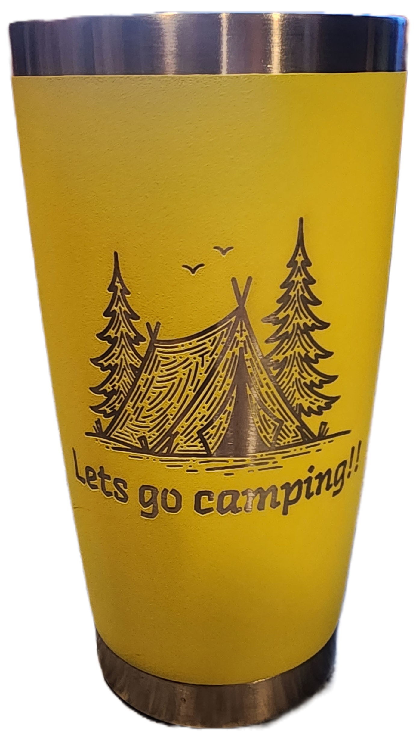 Yellow tumbler with camping tent and trees graphic, saying “lets go camping”