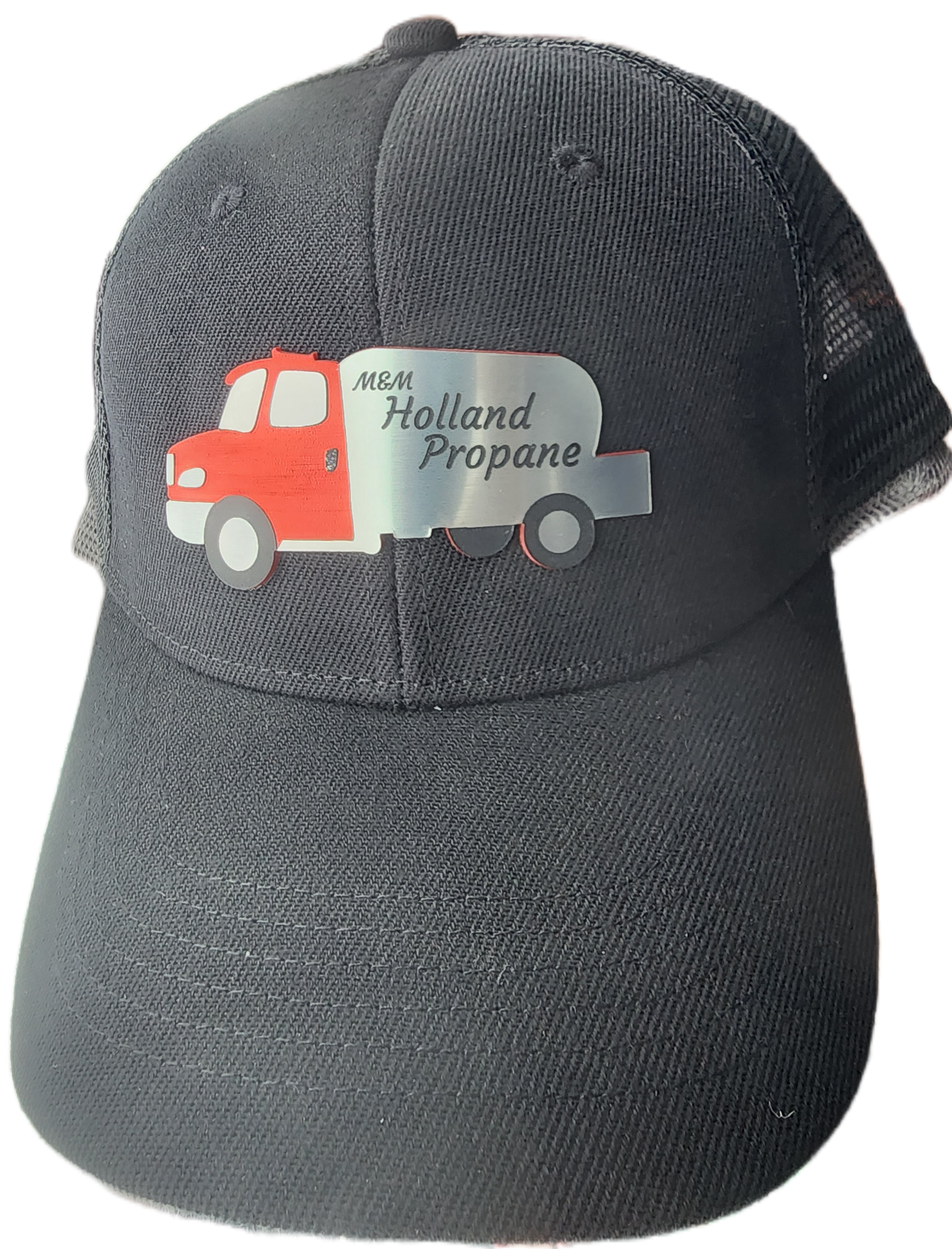 Black baseball cap with a red and gray delivery truck logo reading “Holland Pepper.”
