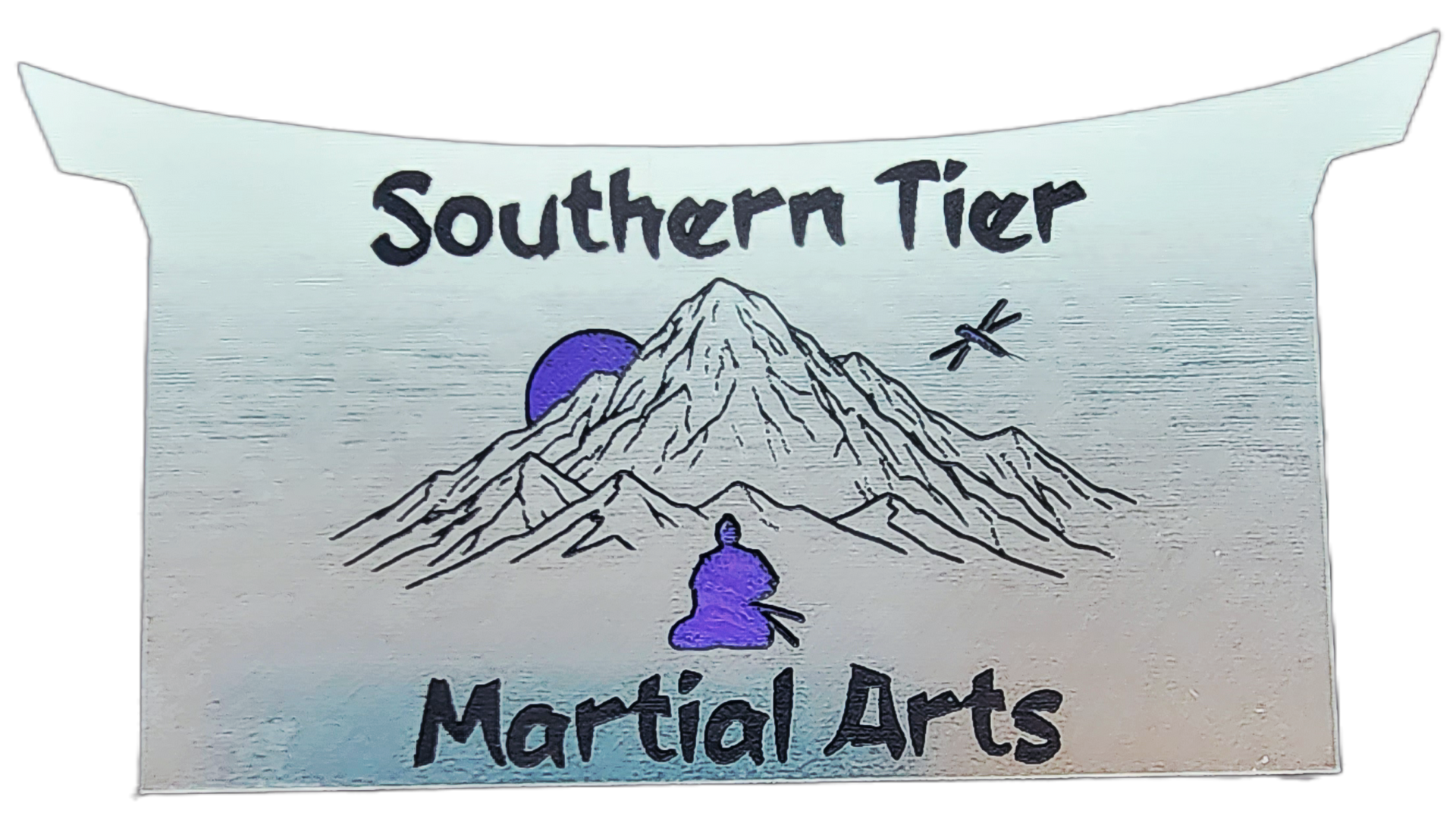Southern Tier Martial Arts logo with mountain, sun, and meditating figure on a gray banner
