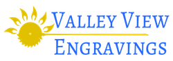 Yellow sun logo with blue “Valley View Engravings” text and a horizontal line