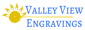 Valley View Engravings logo with a yellow sun and blue serif text