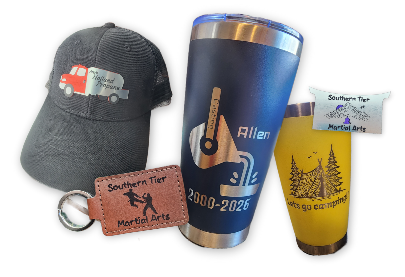 Assorted custom drinkware and a keychain: black cap, blue tumbler, and yellow cup on white background
