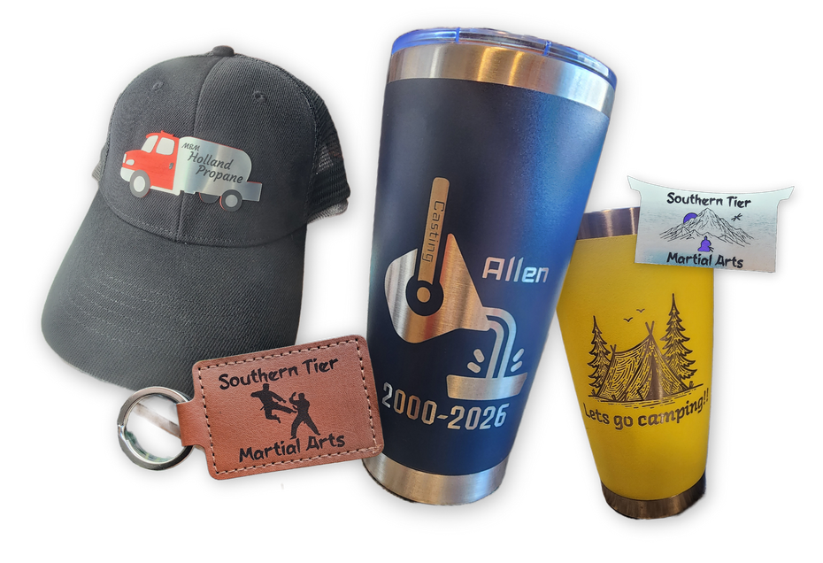 Assorted custom drinkware and a keychain: black cap, blue tumbler, and yellow cup on white background