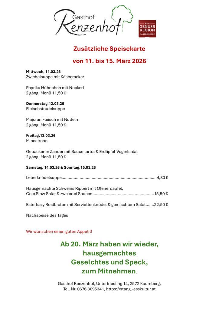 Speisekarte 11. bis 15.3.2026