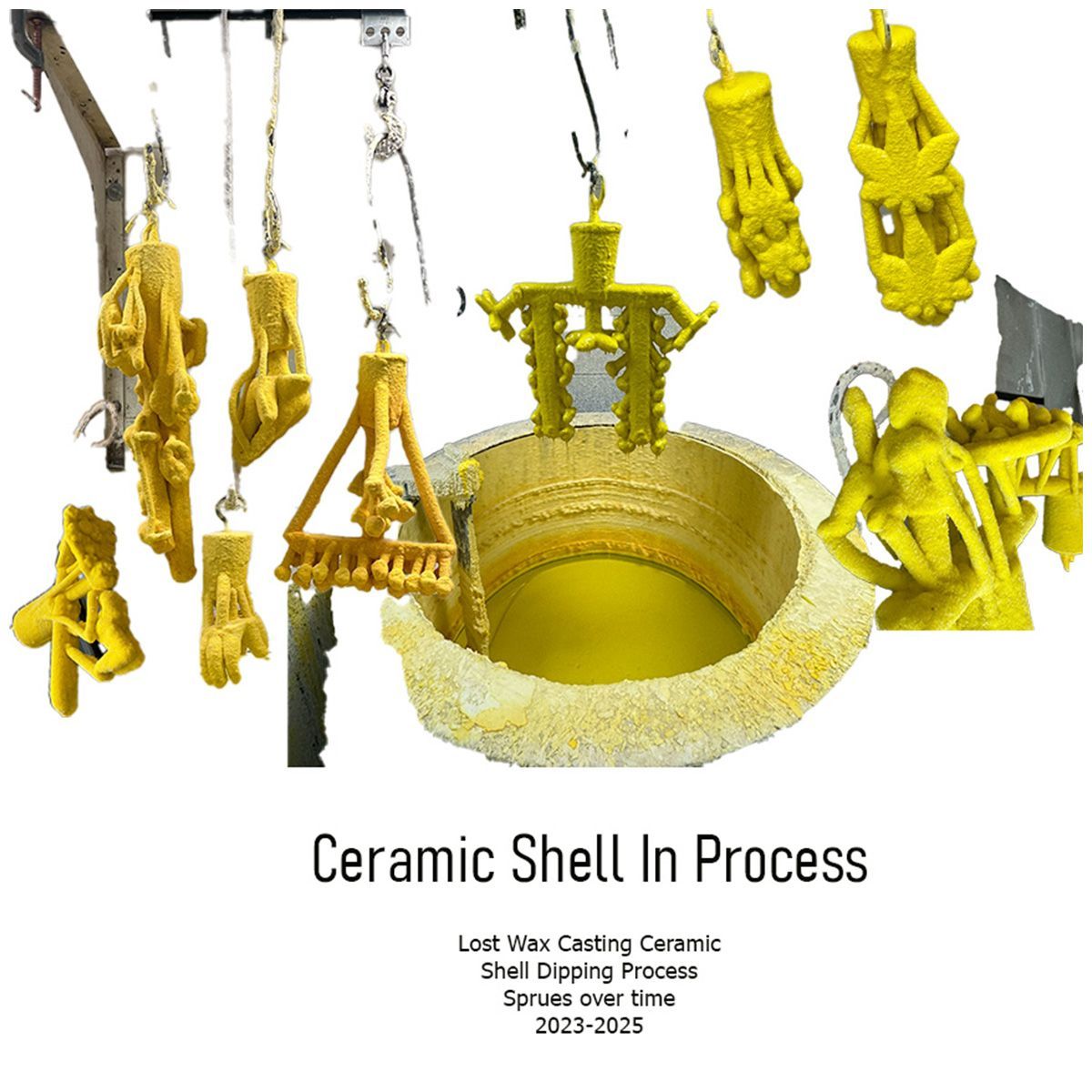 Yellow ceramic shell casting parts hanging beside a crucible mold in a ceramic shell process diagram
