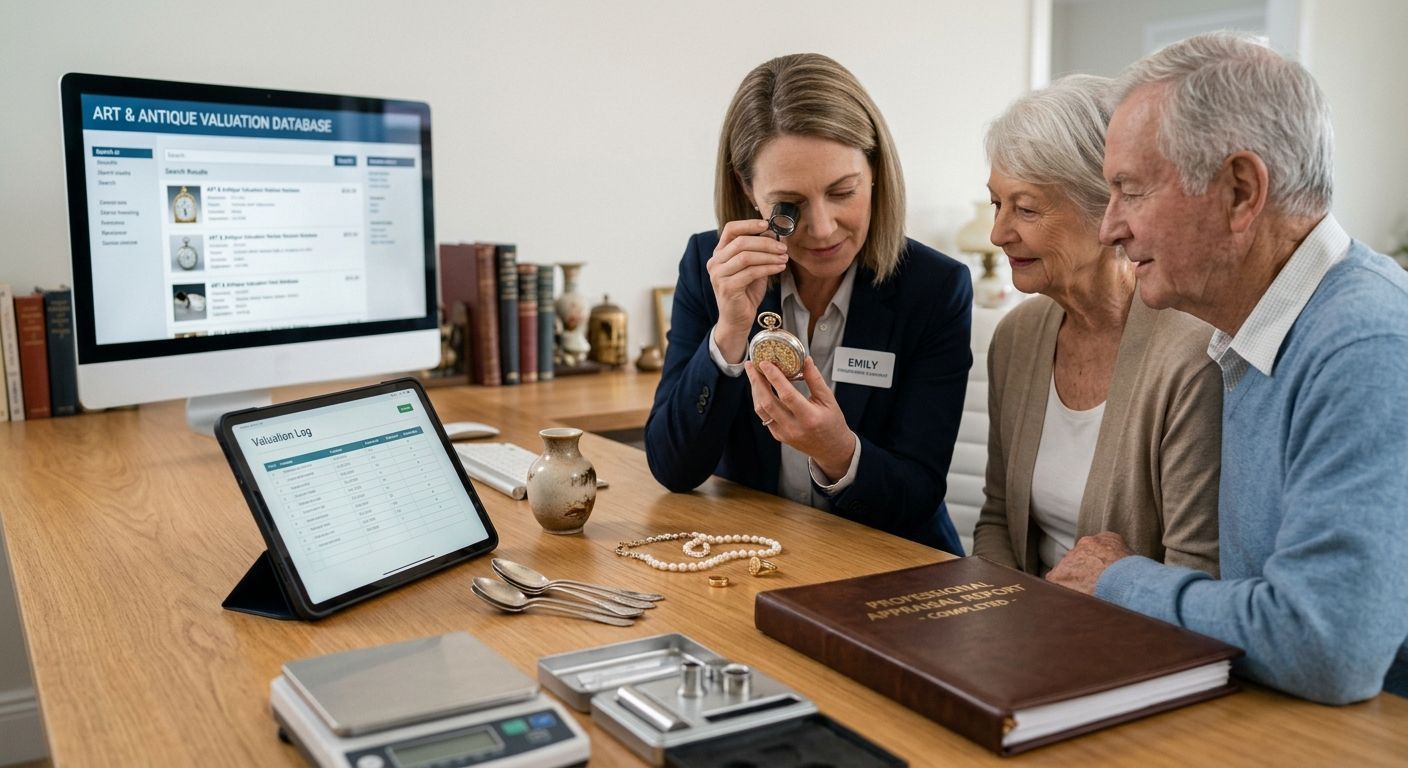 Family meeting with a laptop, tablet, and documents on a desk, three people reviewing information together
