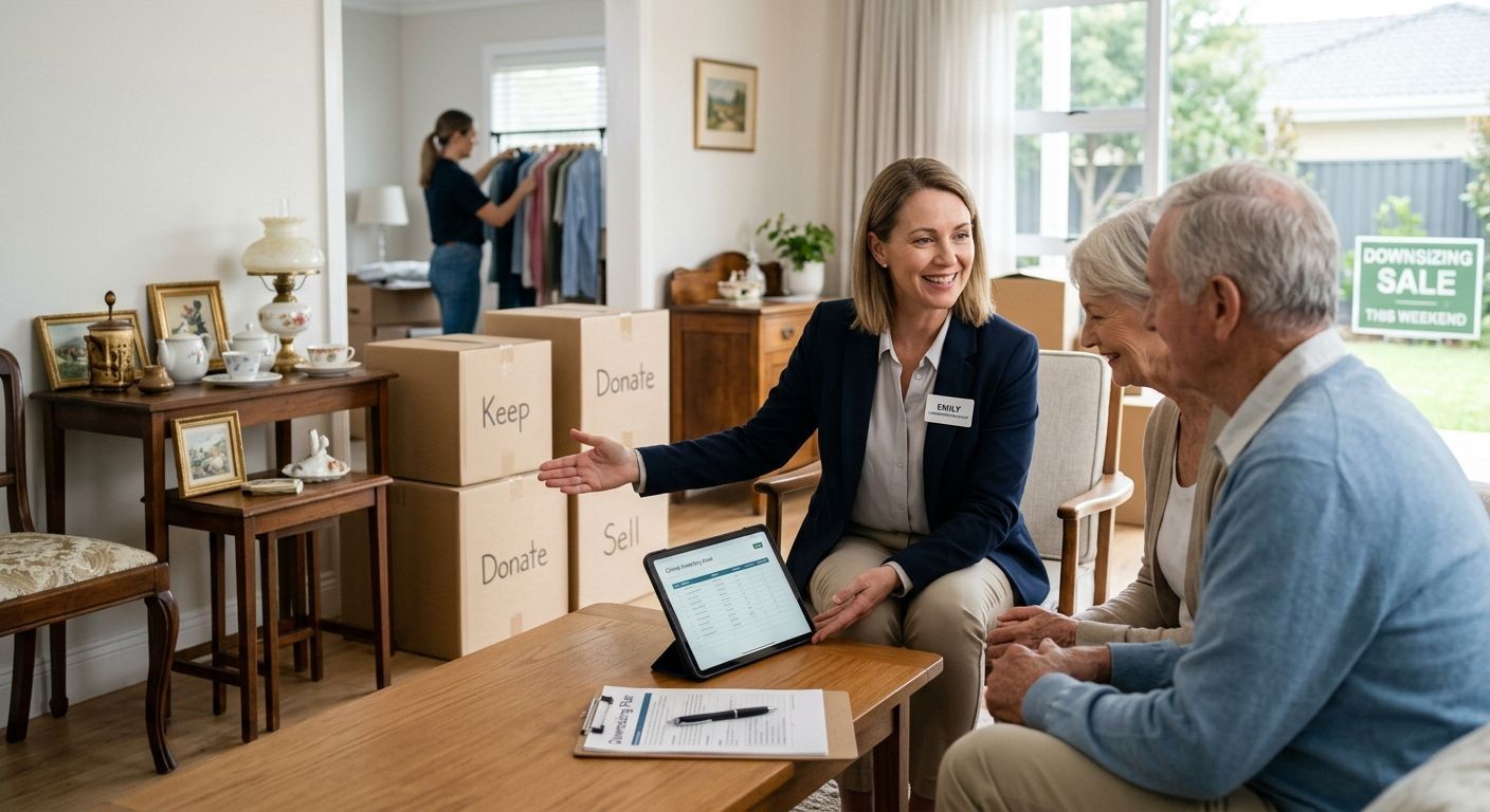 Real estate agent discussing sale with older couple in a furnished living room, with moving boxes and sign in background