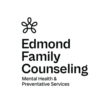 Edmond Family Counseling logo with black text and floral icon on white background