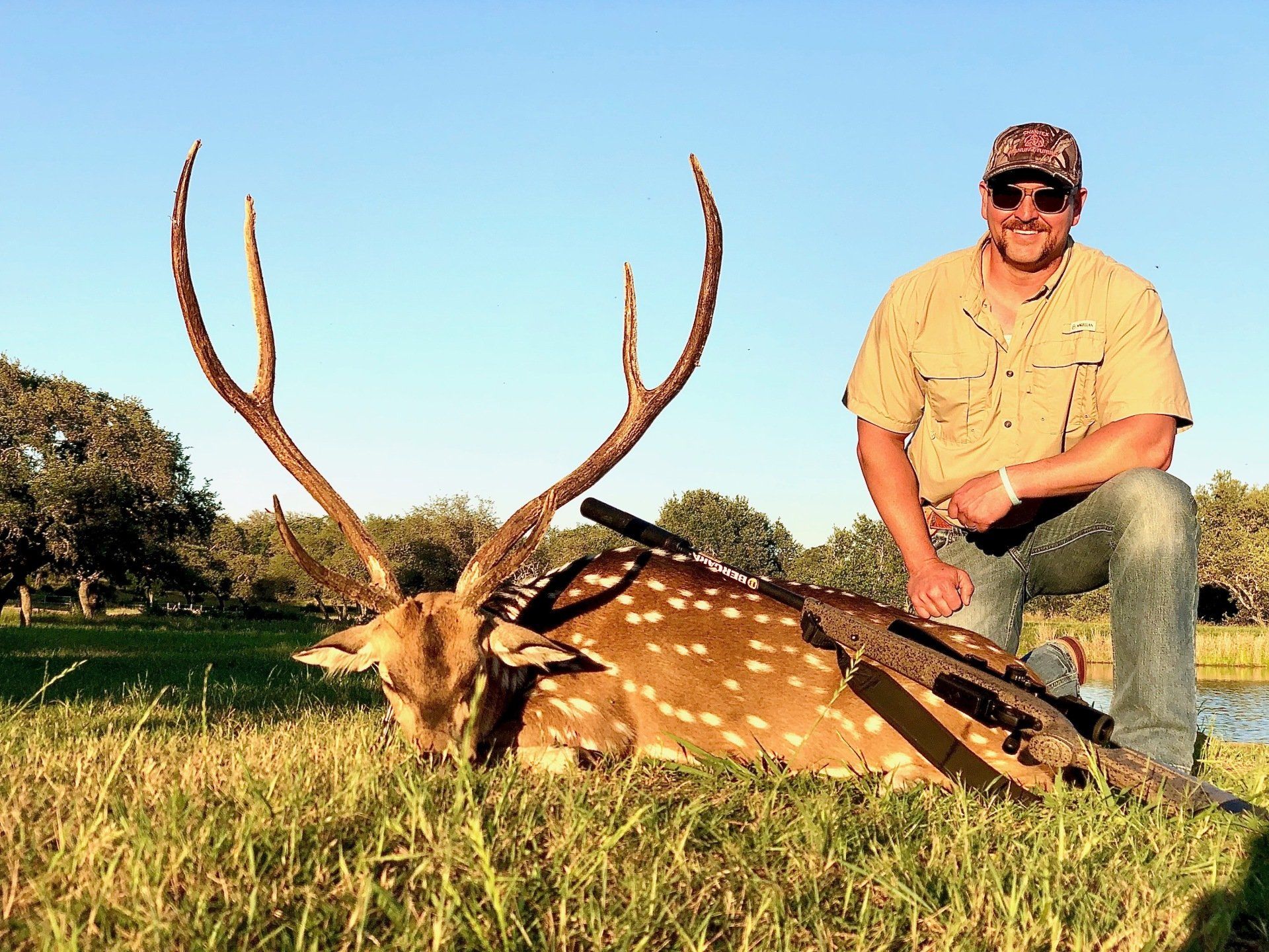 Man kneels beside a spotted deer with large antlers, rifle across the deer. Outdoors, sunny.