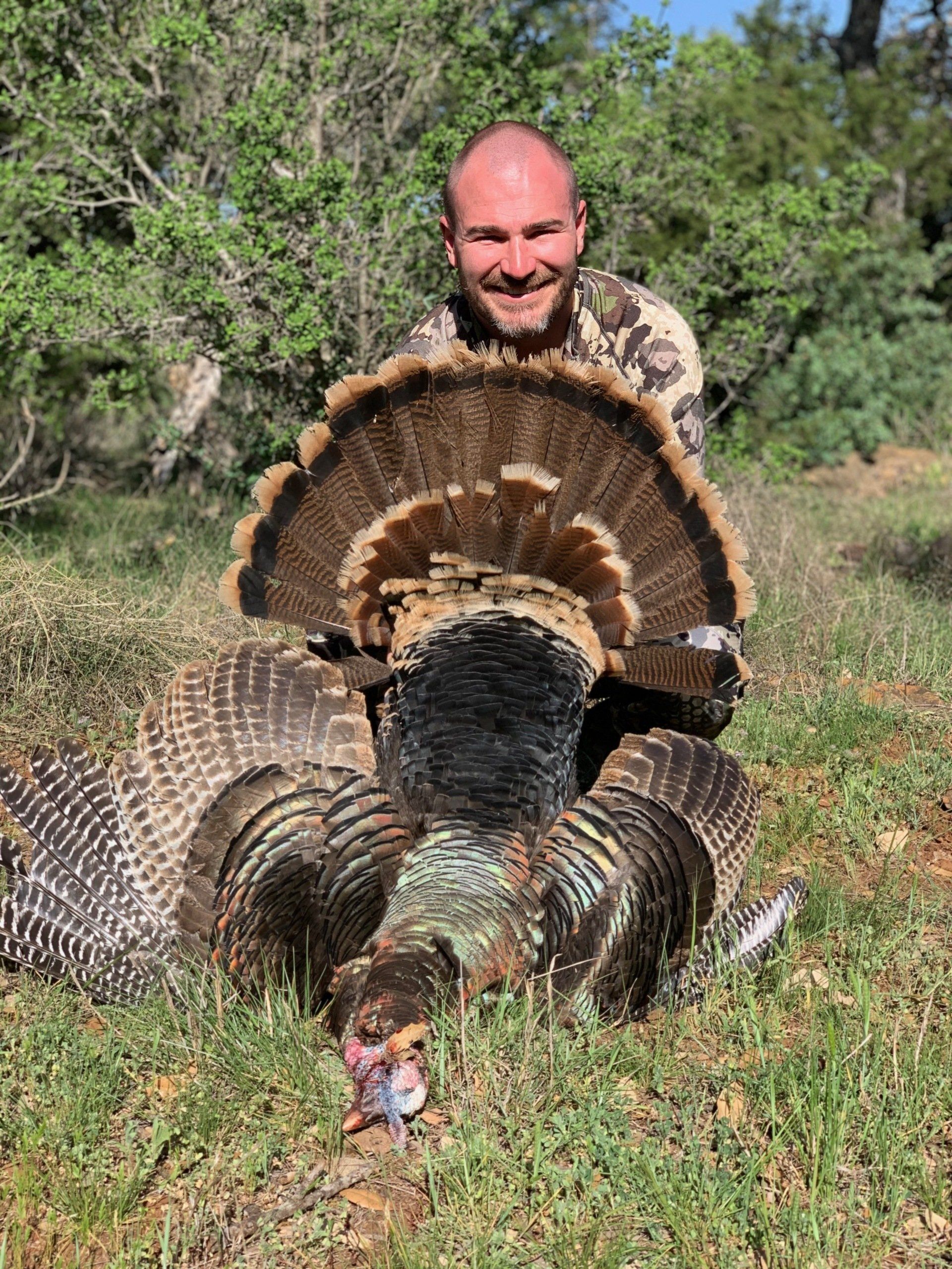 Man smiles, posing with a dead turkey in tall grass, trees in background.