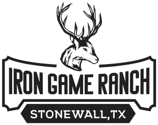 Logo for Iron Game Ranch in Stonewall, TX featuring a deer head with antlers above the text.
