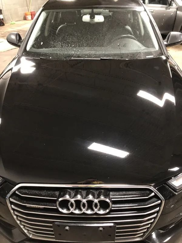 Black Audi SUV parked indoors, front view with chrome grille and bright reflections on the hood.