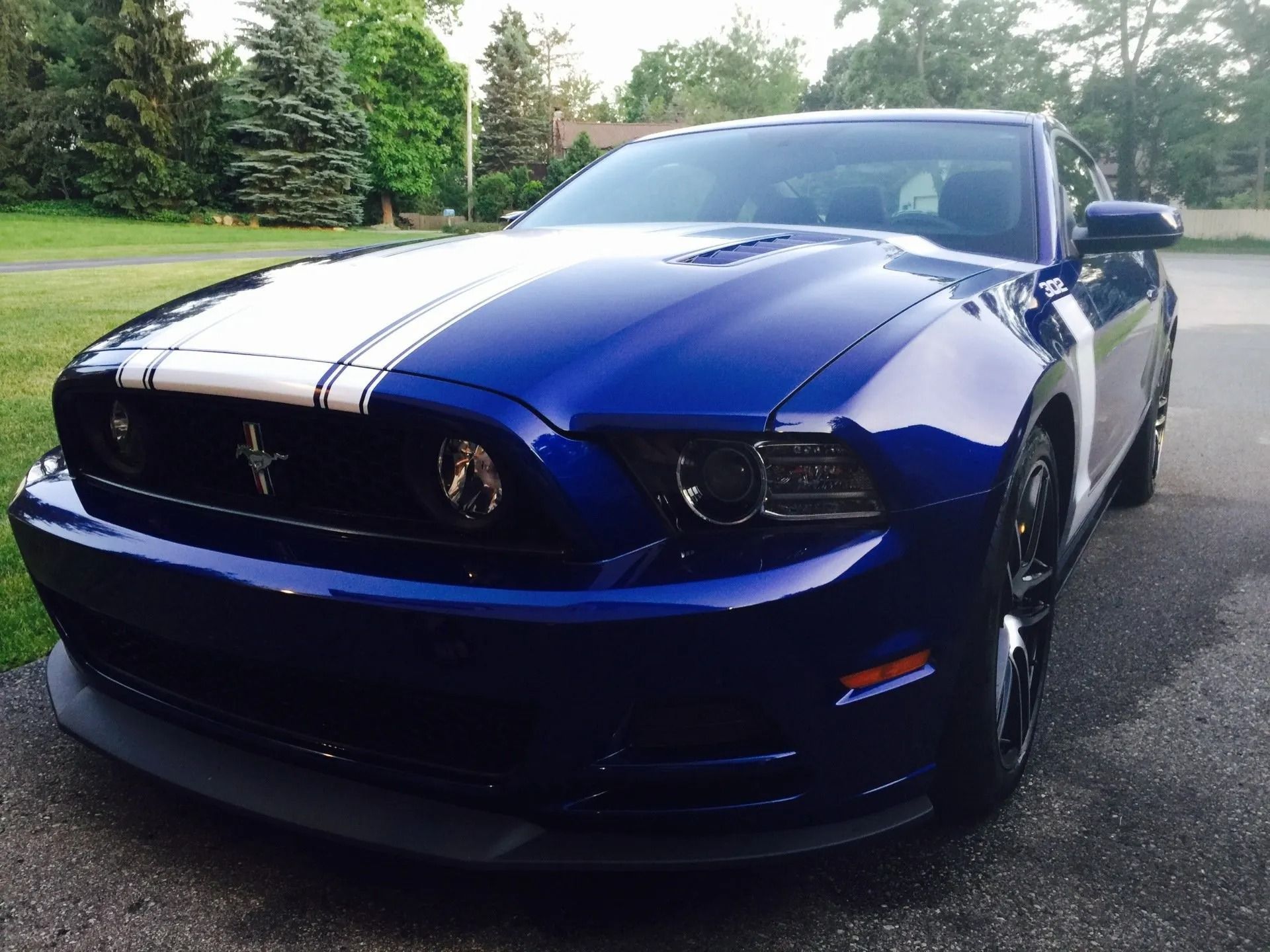 Blue Ford Mustang parked on a road with white racing stripes and trees in the background
