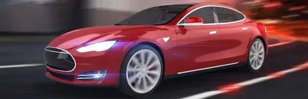 Red sports car speeding on a dark road with motion blur and light streaks