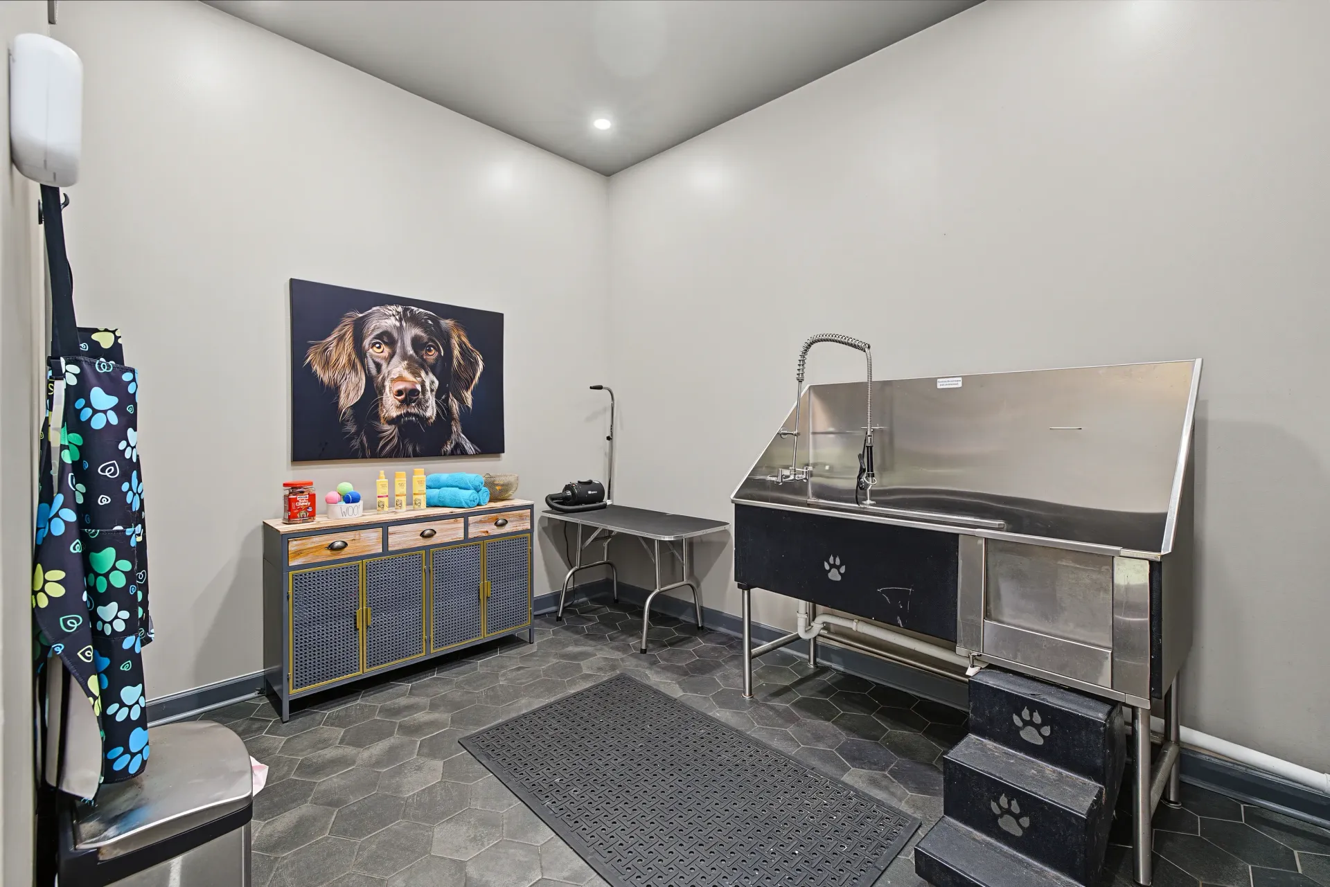 Pet grooming station with a large dog portrait and sink.