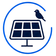 Blue solar panel icon with a bird perched on top, enclosed by a blue circular outline