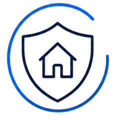 Blue circular shield icon with a house inside, symbolizing home protection or security