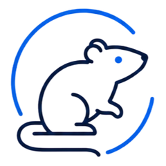 Blue outline icon of a sitting mouse inside a circular arc