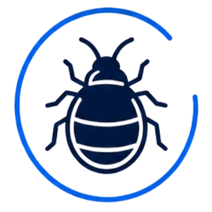 Blue bug icon inside a circular arrow outline