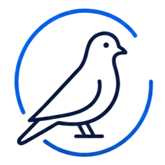Blue outlined bird logo inside a circular ring on a white background