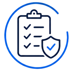 Blue checklist clipboard with shield icon inside a circular outline