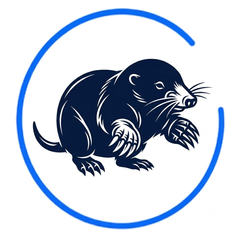 Blue circular logo with a navy mole illustration in the center