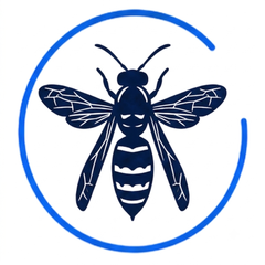 Dark blue bee logo inside a broken blue circular outline on a white background
