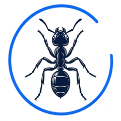 Blue ant icon inside a circular blue ring on a white background