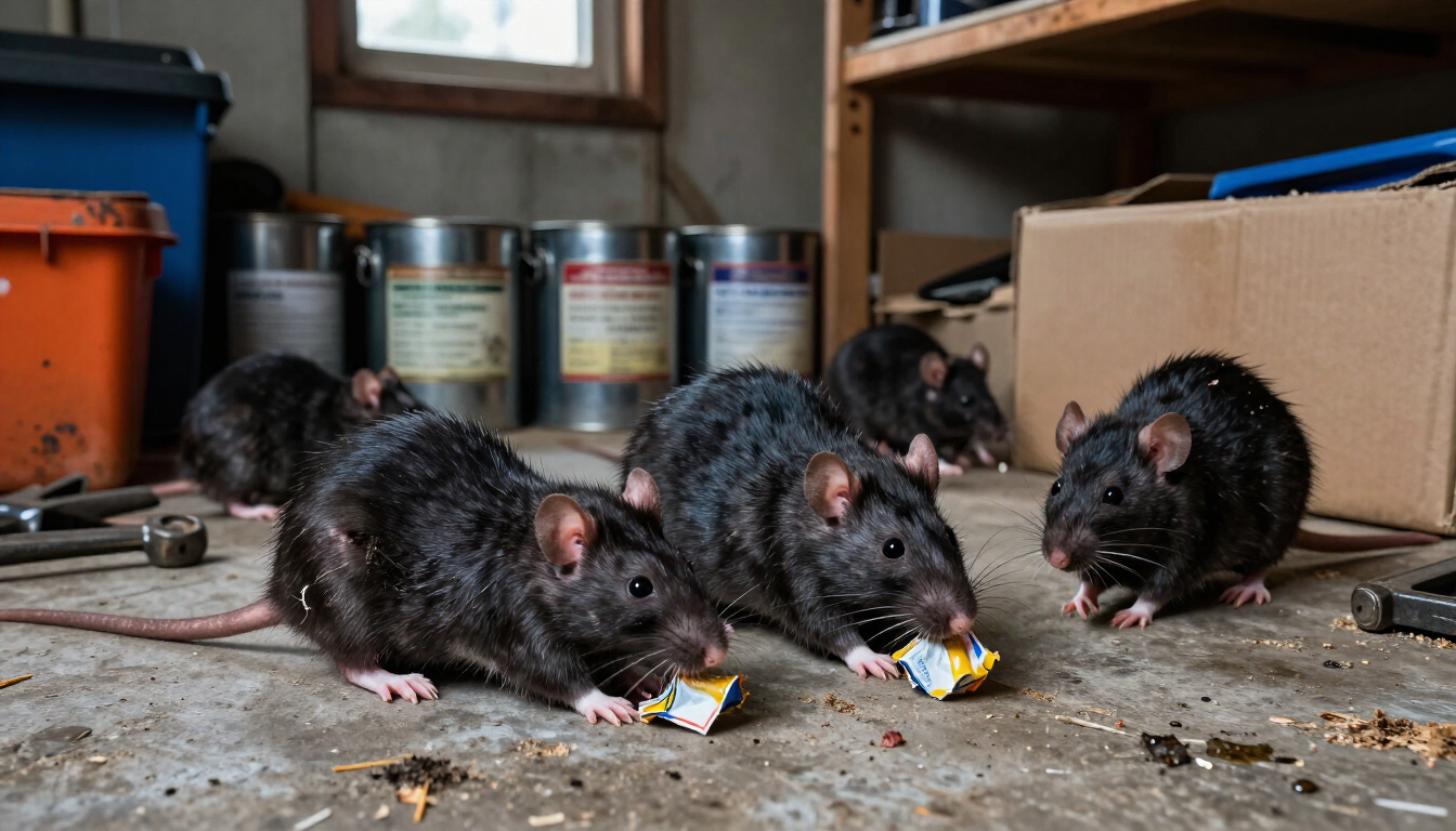 Four black rats eating scattered food in a garage or storage room