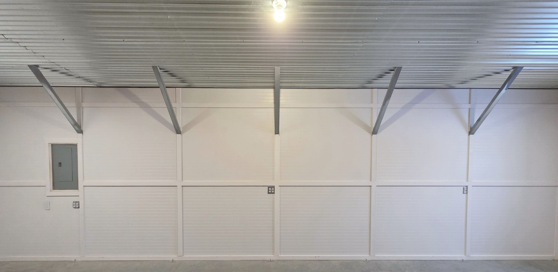 White garage interior with a closed sectional door, wall panels, and overhead metal supports under a ceiling light