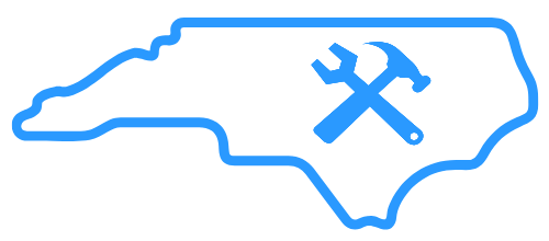 Blue outline of North Carolina with crossed hammer and wrench icon inside