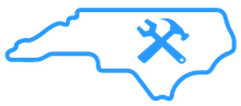Blue outline of North Carolina with crossed hammer and wrench icon inside