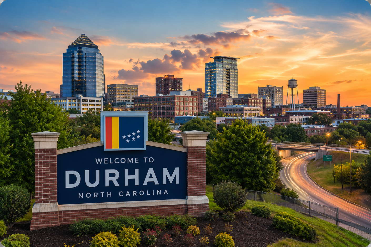 Welcome to Durham, North Carolina sign with city skyline at sunset