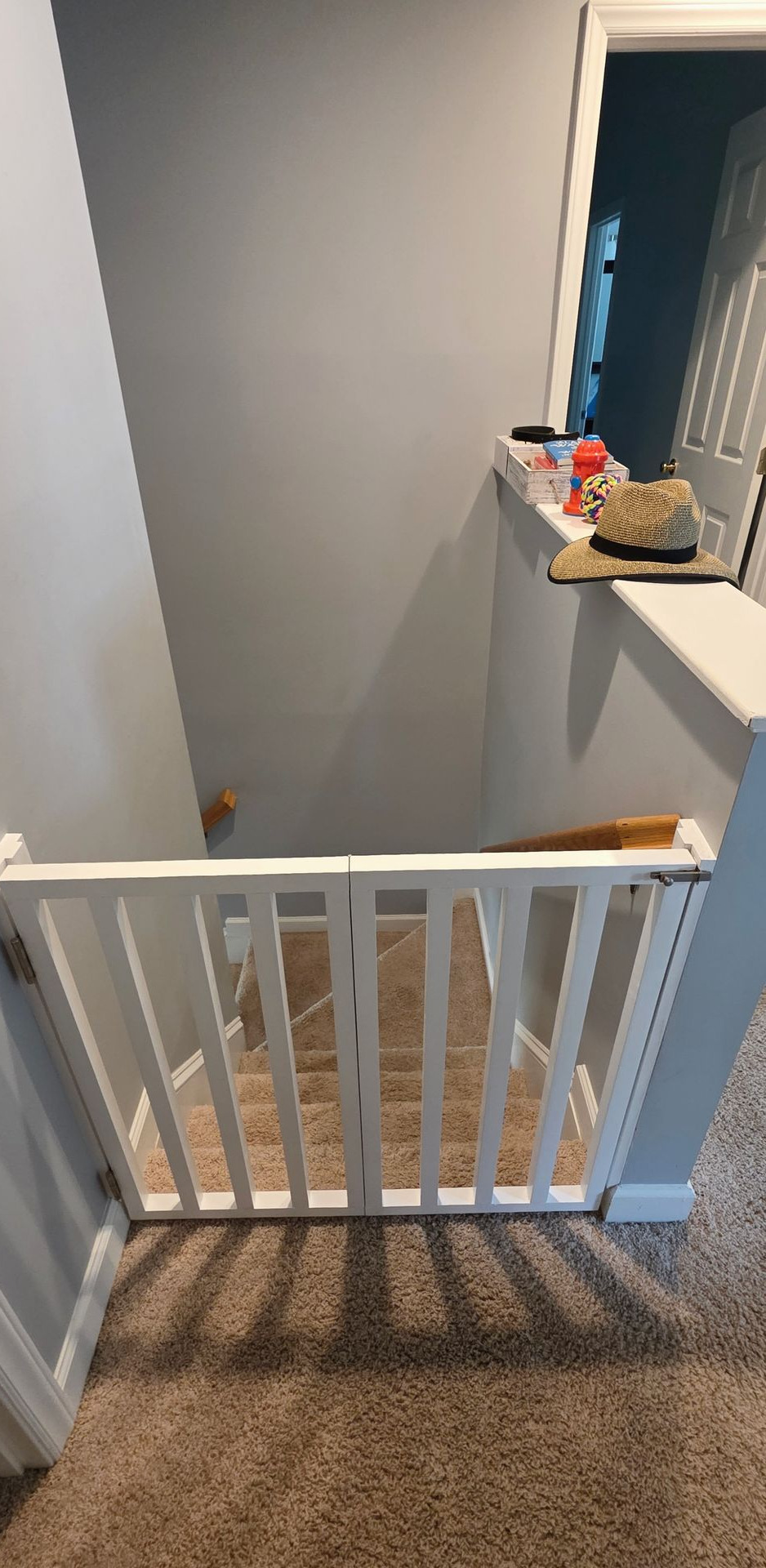 Stair landing with a white baby gate at the top and a narrow hall beside it