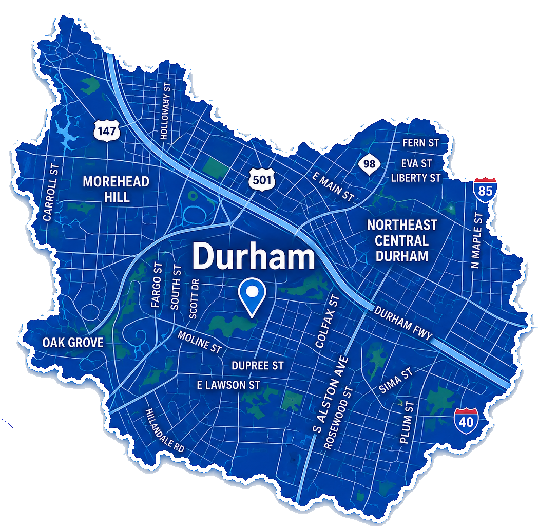 Blue map of Durham with neighborhood labels and a location pin in the center
