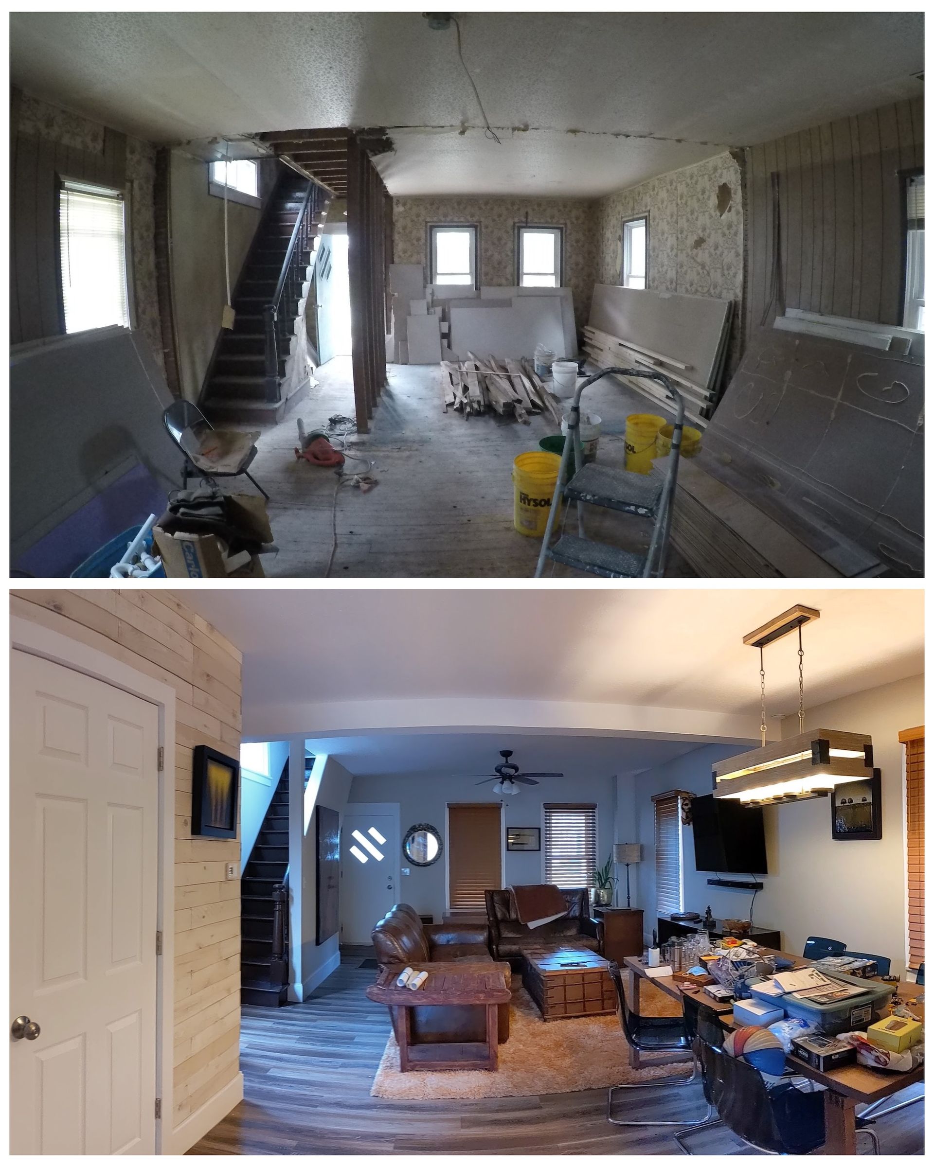 Two room interiors under renovation, with exposed walls, ladders, tools, and scattered furniture and materials.