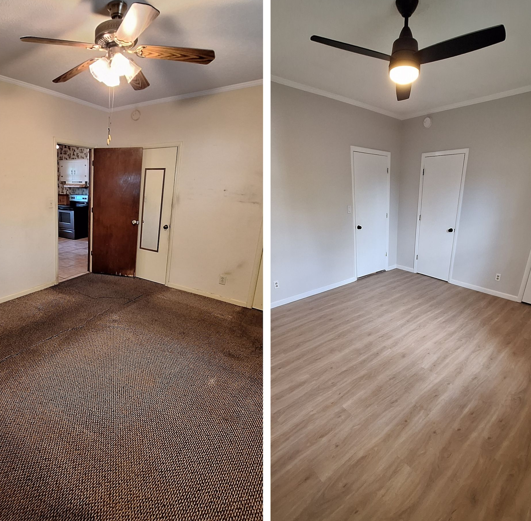 Before-and-after bedroom: old carpet and fan replaced with light wood floors and a modern ceiling fan.