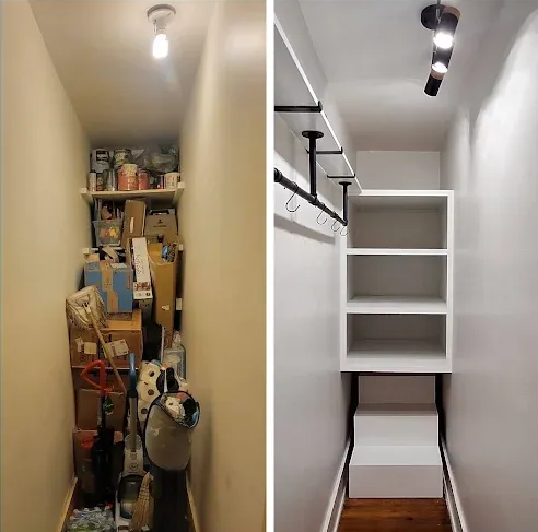 Narrow cluttered closet transformed into a sleek white built-in storage hallway closet with shelves and hanging rail