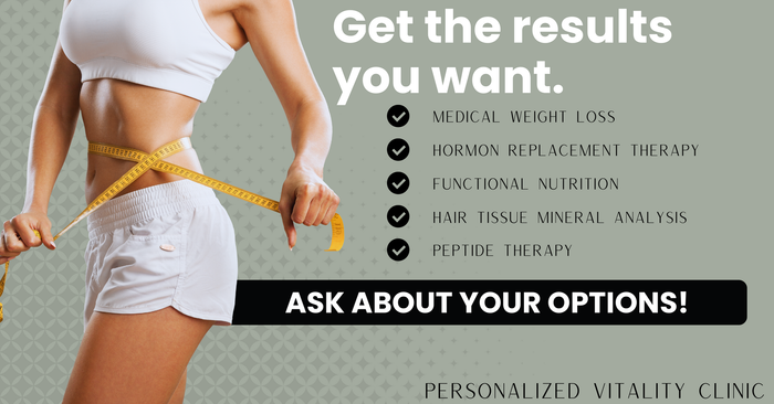 Woman measuring waist, ad for health clinic. Text lists services: weight loss, hormone therapy, nutrition, etc.