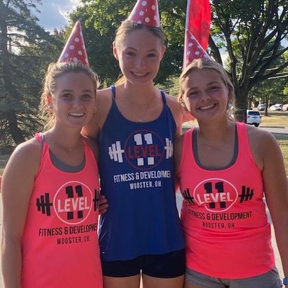 Three young women wearing party hats and 