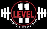 Level 11 Fitness & Development logo with red lettering inside a red circle, flanked by white barbells, on a black background.