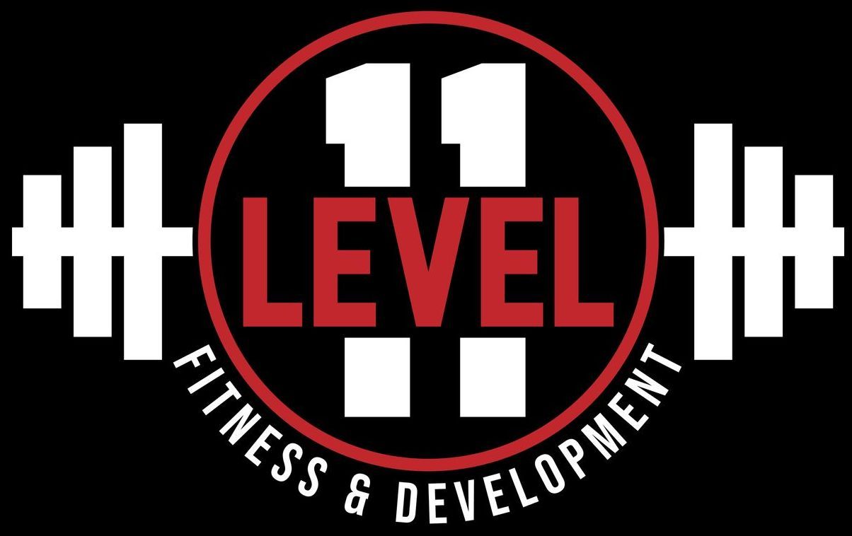 Logo for Level 11 Fitness & Development with weights and text on a black background.
