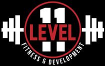 Level 11 Fitness & Development logo with red lettering inside a red circle, flanked by white barbells, on a black background.