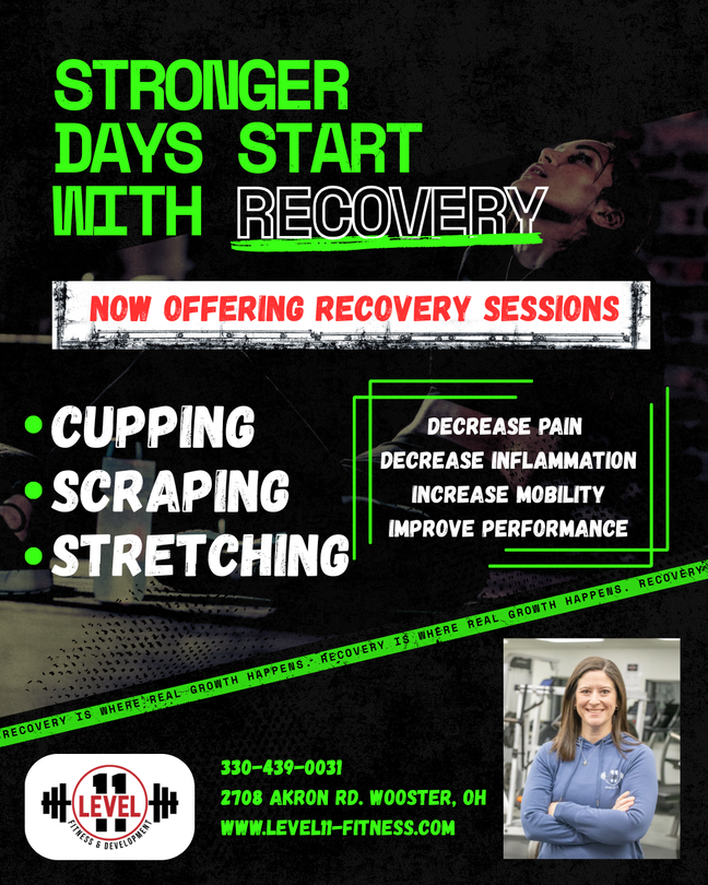 Ad for recovery sessions: cupping, scraping, stretching, in Wooster, OH. Woman in a gym, green text.