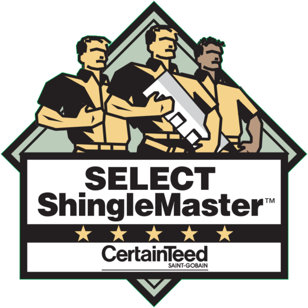 Select ShingleMaster logo with three workers, a shingle, and gold stars.