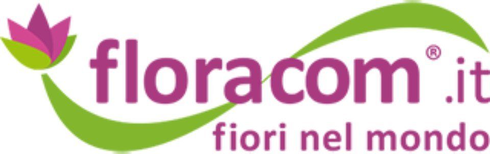 Logo per floracom.it: testo rosa con fiore, vortice verde e 