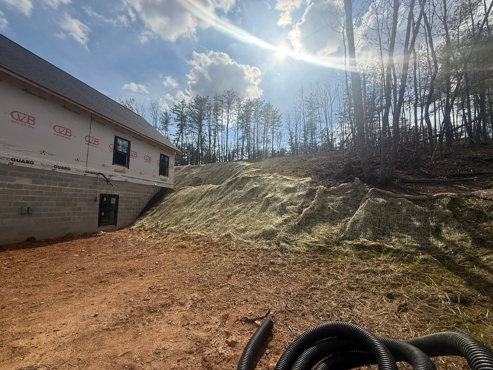 Sunny dirt lot beside a building and wooded hill, with sunlight streaming through leafless trees.