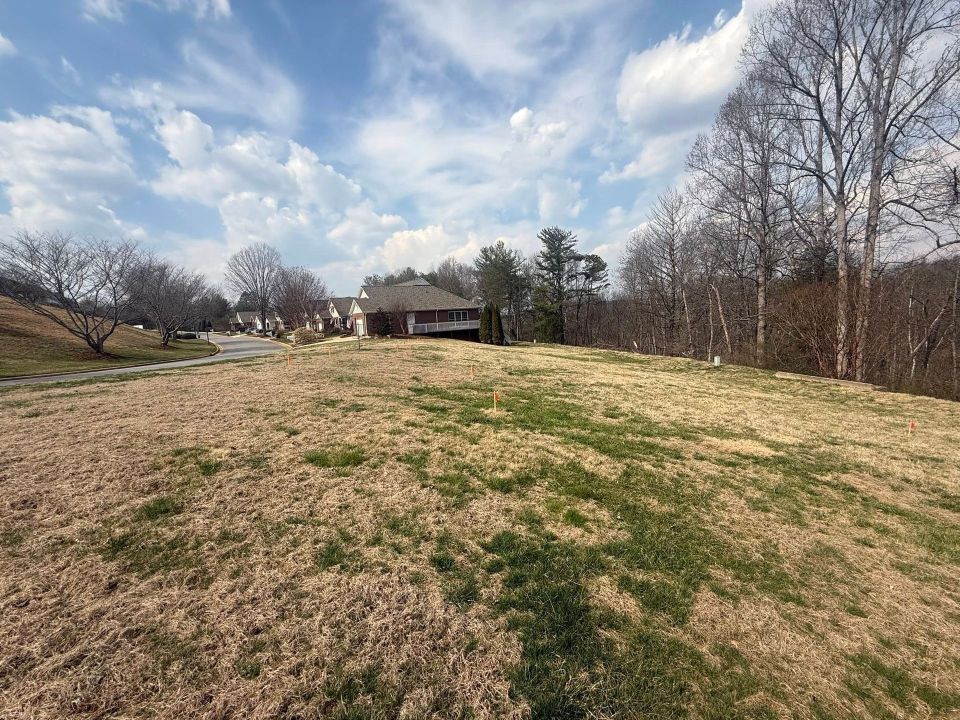 Wide grassy field with a house in the distance under a cloudy sky, bordered by leafless trees
